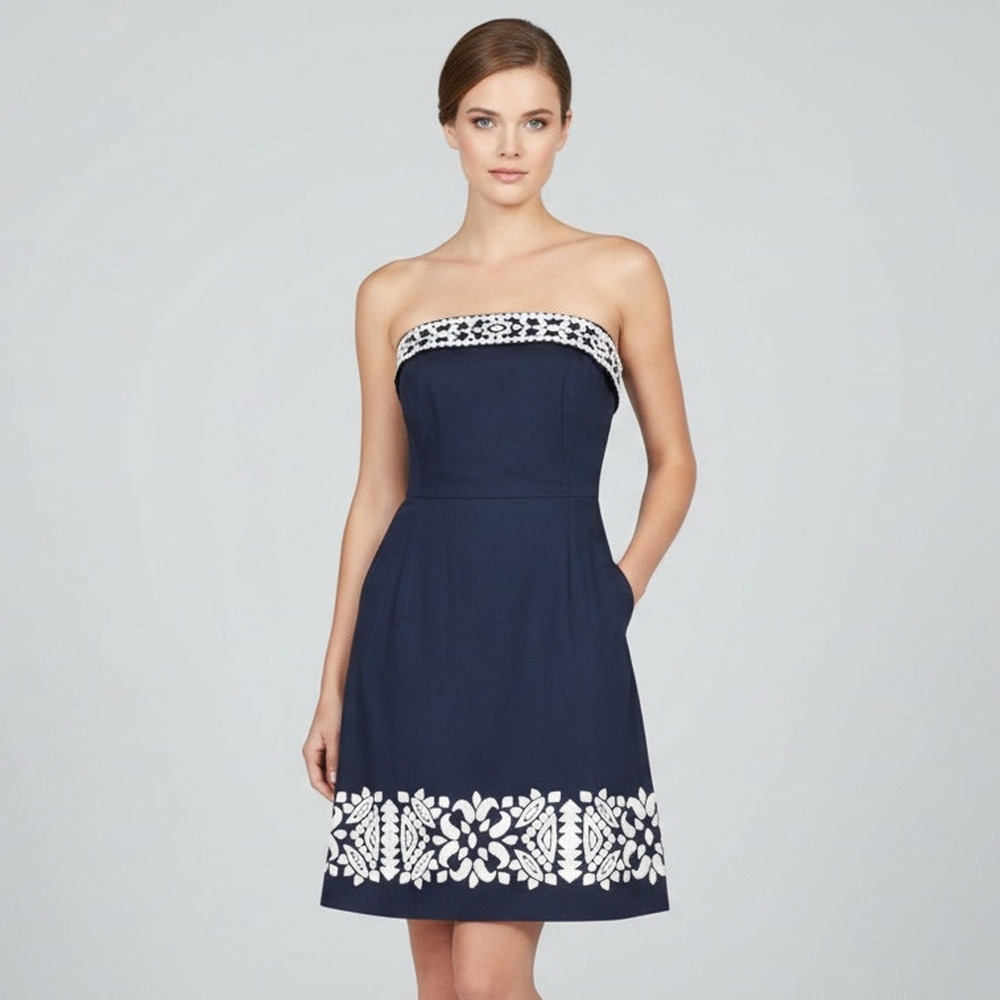 Vineyard Vines Navy Blue Embroidered Strapless Dress A-Line Mini Size 6 Preppy